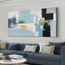 Large Abstract Wall Art Black and White Textured Blue Oil Painting 29"x58"