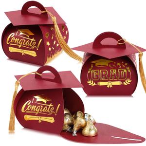 TaoBary 30 Pcs Graduation Cap Gift Boxes Graduation Decorations Class of 2025 Candy Box with Tassel for 2025 Grad Party Favors Supplies (Maroon, Gold)
