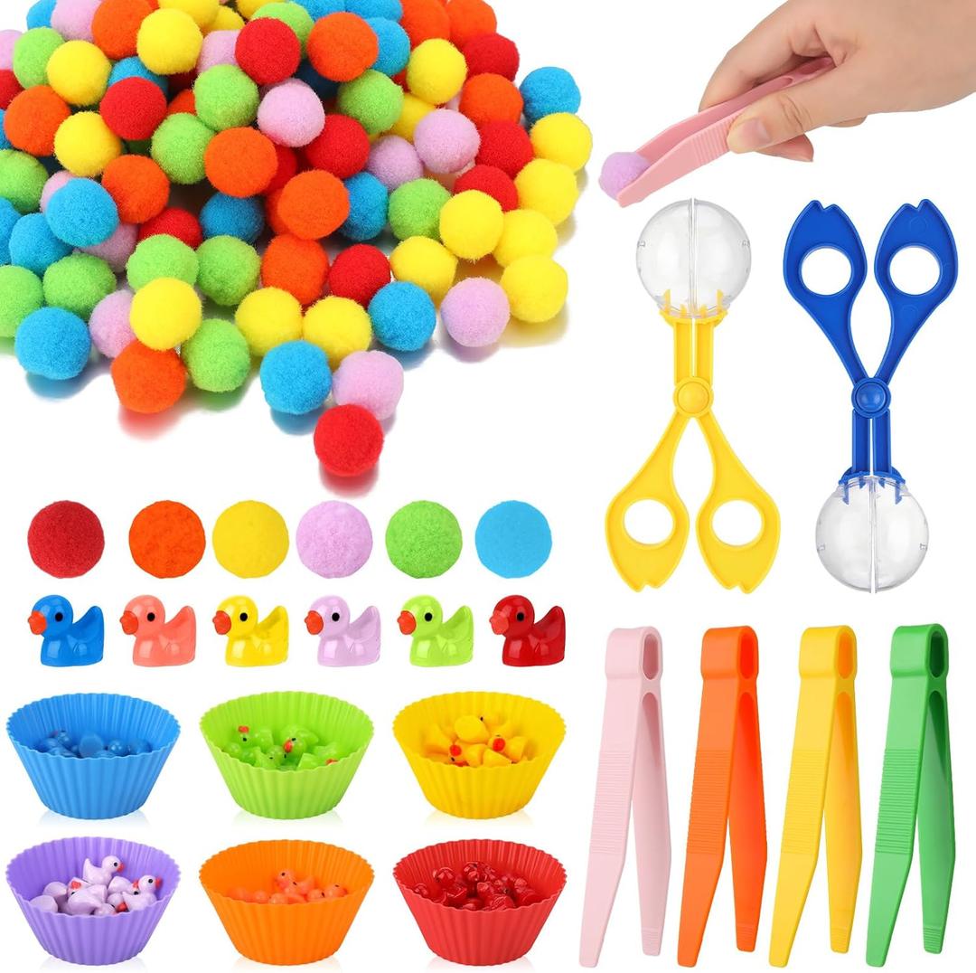 228 Pcs Colorful Sensory Bin Filler Fine Motor Toys Counting Sorting 120Pcs Pom Pom 90Pcs Mini Resin Duck 12Pcs Sorting Cups 4Pcs Tweezers 2Pcs Scissors Clips for Preschool Early Education