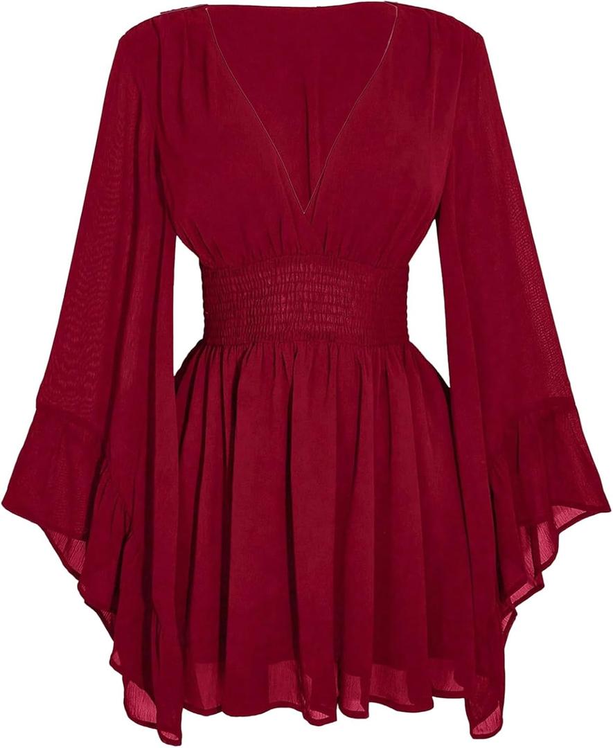 BEAUDRM Women's Plus Size Boho Western Dress Bell Sleeve Cowgirl Hippie Mini Dress Mesh A Line Casual Flowy Dresses (Burgundy, 4XL)