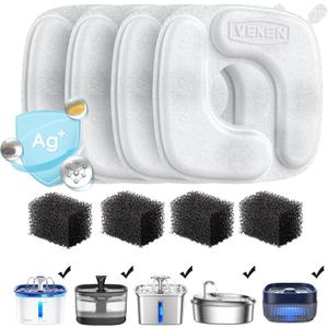 Veken Cat Water Fountain Filters, 4 Pack Replacement Filters & 4 Pack Replacement Pre-Filter Sponges Set for 50oz, 84oz, 95oz Automatic Pet Fountain Dog Water Dispenser