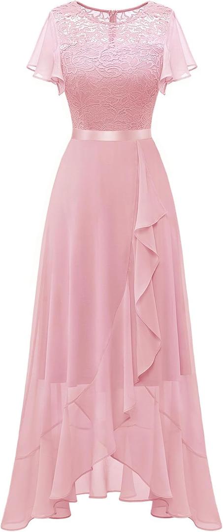 BeryLove Formal Dresses for Women 2026 Wedding Guest with Slit Cocktail Elegant Lace Long Prom Dress (Pink, M)