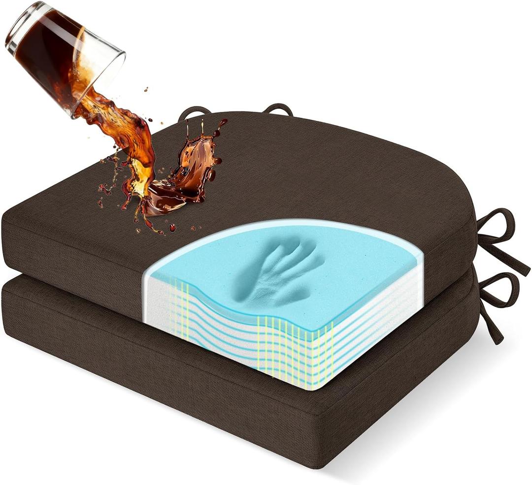 downluxe Chair Cushions for Dining Chairs, Memory Foam Linen Kitchen Chair Pads with Ties, Waterproof, Stain-Resistant and Washable Cover, 17" x 16" x 2.5", Brown, 2 Pack