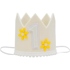 First Birthday Crown, Felt Party Hat with Yellow Daisies, White Number 1, Elastic Band