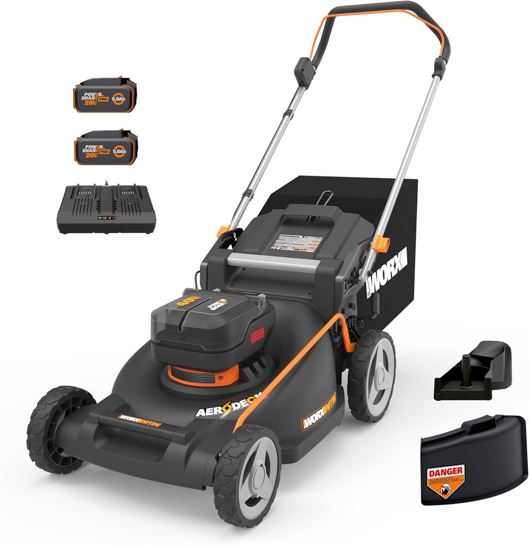 WORX Nitro 21" Cordless Lawn Mower, Brushless Electric Mower for 1/2 Acre, Push Lawn Mower with 7-Position Height Adjustment, 2  5.0 Ah Batteries & Charger Included, WG752