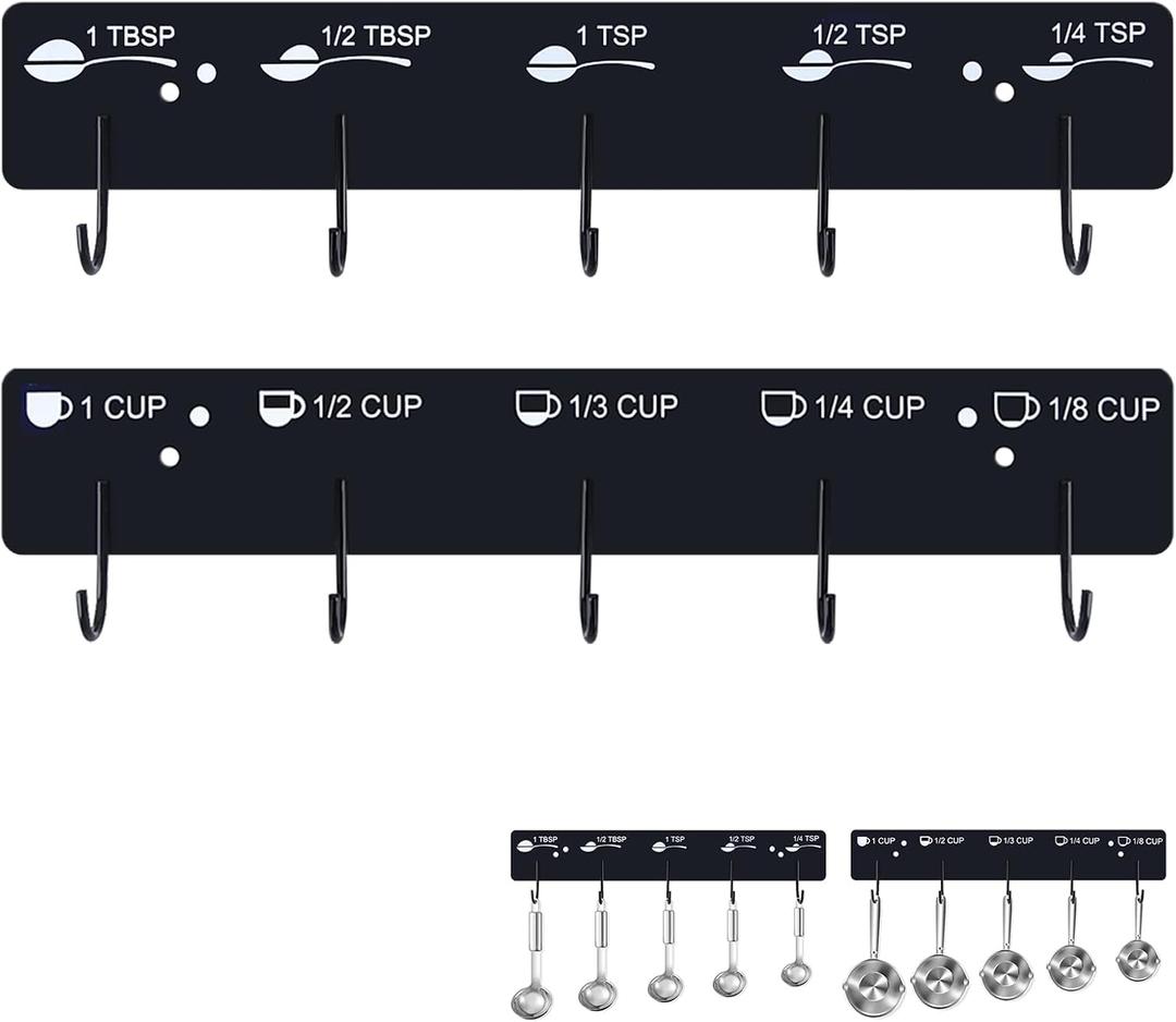 Premium Measuring Cups and Spoons Hanging Rack, Measuring Cup Organizer Rack Suitable for Kitchen Hanging Cups and Spoons, Including Screw and Adhesive Mounting, Cups and Spoons Rack 2pcs