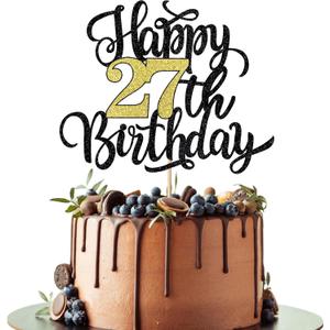 Happy 27th Birthday Cake Topper, Black Gold Glitter Birthday Cake Topper, 27th Anniversary/ 27th Birthday Party Decoration Supplies