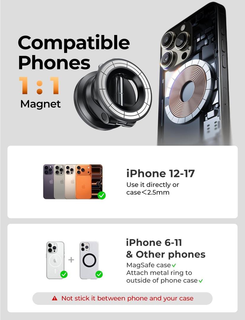 LISEN for Magsafe Car Mount, Magnetic Phone Holders for Your Car, Magnet Car Accessories for Women Men Interior Jeep BMW, Vacuum SuctionPro for Valentines Day Gifts for Him Her Kits, for iPhone 1712