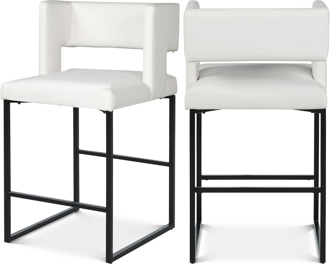 Meridian Furniture Caleb Collection Modern | Contemporary Counter Height Stool with Unique Square Back and Sturdy Iron Legs, Set of 2 Cream Velvet, 19.5" W x 20.5" D x 36" H