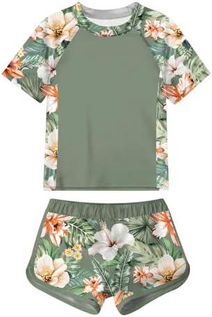 Idgreatim Girls Rashguard Swimsuit 2 Piece Short Sleeve Bathing Suit UPF 50+ Sun Proction Swimwear Size 8-16T