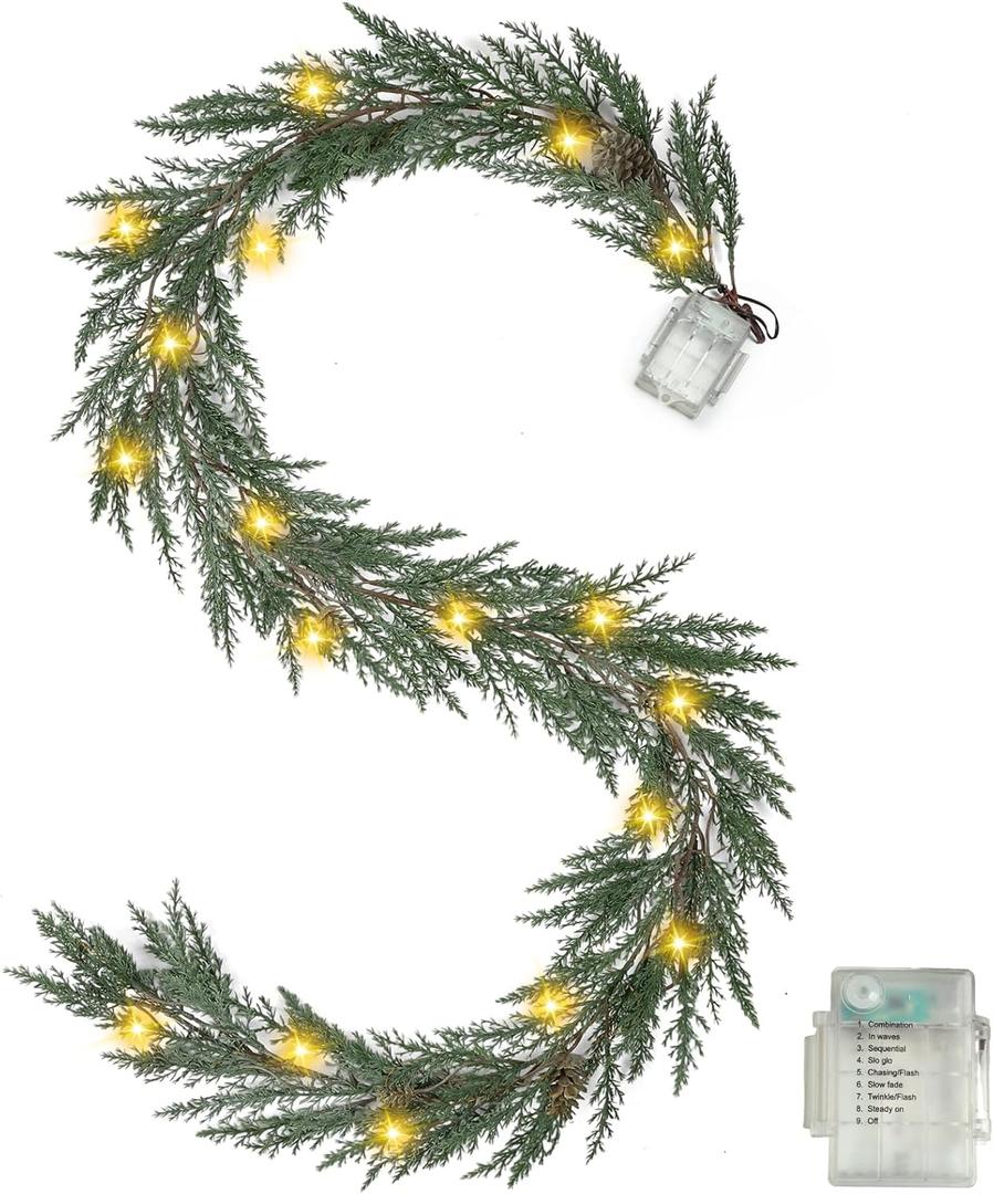 6 Ft Christmas Garland with Lights, 30 Warm Lights with 8 Light Modes,Prelit Christmas Garland with Pine Cones,Lighted Garland, Ceadr Garlands RealisticOutdoor Garland with Lights (Green)