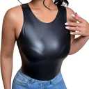 Women's PU Leather Round Neck Slim Fit Tank Top Vest (X-Large, Black)