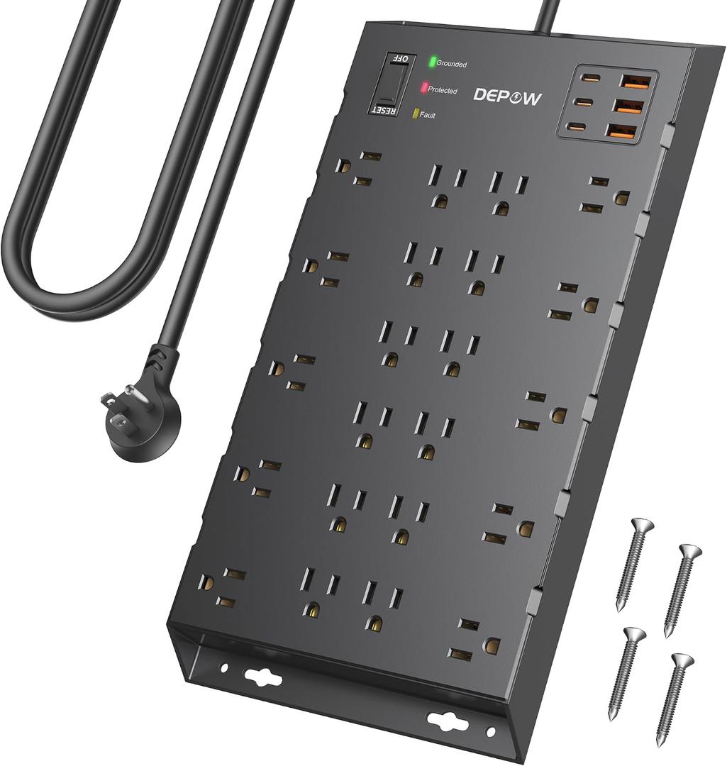 DEPOW Surge Protector Power Strip, 6.5FT Long Flat Plug Extension Cord with 22 AC Outlets (1875W/15A), 6USBs (3 USB-C Ports), 2100J Surge Protection, Wall Mountable for Gaming, Office, Home, Black