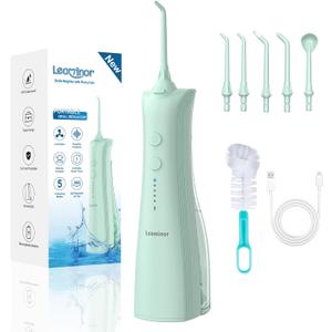 Leominor Water Dental Flosser - 5 Modes Cordless Portable Oral Irrigator, IPX7 Waterproof, Rechargeable Teeth Cleaner Upgrade Datchable Tank Professional Flossing Cleaning Pick for Home Travel(Green)