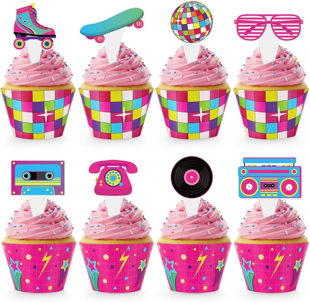 4 x 48 Pack Retro Cupcake Toppers and Wrappers, Retro Neon Party Cake Decoration for 80s 90s Theme Birthday Party Baby Shower Supplies
