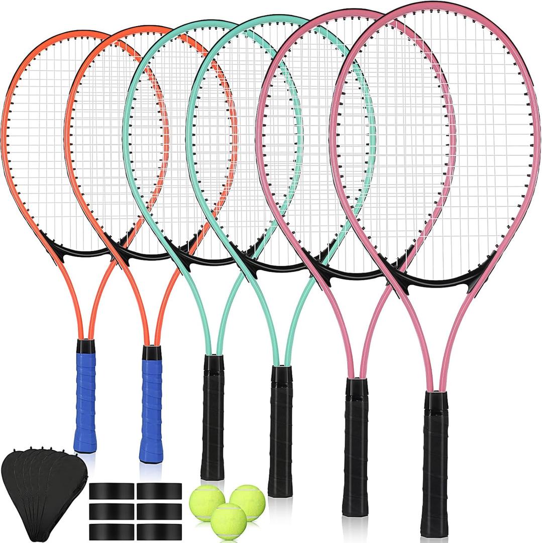 6 Pcs Tennis Rackets for Adult Recreational 6 Players 27'' Tennis Racket Set with 3 Balls Lightweight Tennis Rackets for Tennis Training Beginner with Overgrip and Bag (Pink, Green, Orange)