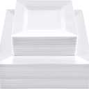 SETUP 100-Piece White Square Plastic Dinnerware Set  50 9.5" Dinner & 50 6.5" Salad Plates  Heavy-Duty Disposable for Weddings, Catering, Parties