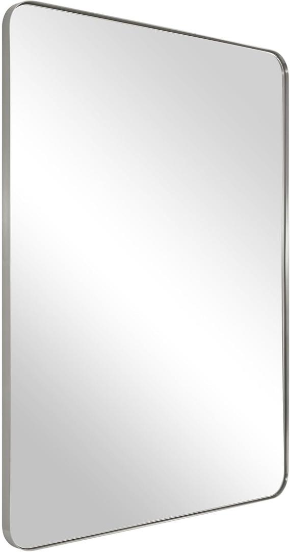 ANDY STAR Brushed Nickel Mirror for Bathroom, 22"x30" Silver Metal Frame Wall Mirror, Rectangular Stainless Steel Rounded Corner
