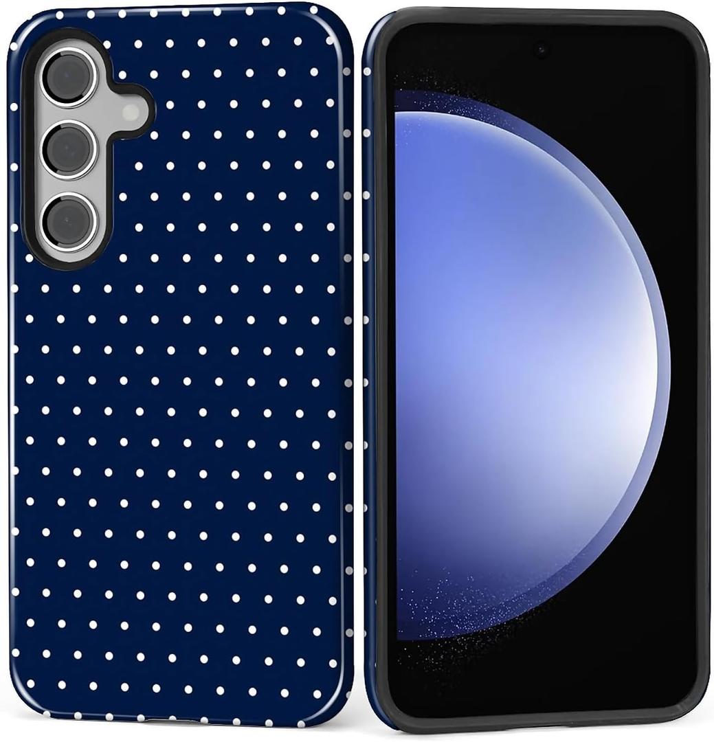 Case for Samsung Galaxy S24, Hybrid Heavy Duty 2 in 1 Full Body Rugged Shockproof Protection Glossy Case for Samsung Galaxy S24 Polka Dot Aesthetics Navy Blue