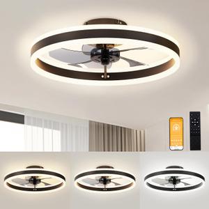 VOLISUN Low Profile Ceiling Fans with Lights and Remote, 19.7in Flush Mount Ceiling Fans with Light, 3000K-6500K Dimmable Fandelier LED Fan Light, Black Bladeless Ceiling Fans with Lights for Bedroom