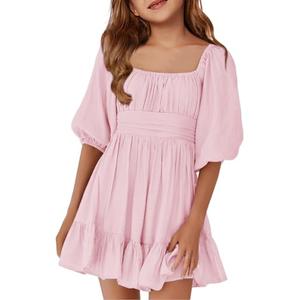 Girls Summer Dresses Square Neck Lantern Sleeve Tie Backless Ruffle A-Line Party Mini Dress Pink, 150
