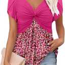 ONLYSHE Womens V Neck Shirts Short Sleeve Tops Front Knotted T Shirt Casual Solid&Floral Tunic Summer Henley Tees Blouse (XL)