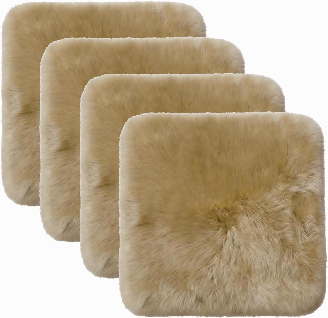Square Fur 4 Pack Sheepskin Chair Pad Fur Seat Cover Soft Comfortable Application Car Seat Conference Room Office Chair Living Room Sofa Dining Chair Cushions(18x18 Inch, Khaki Brown)