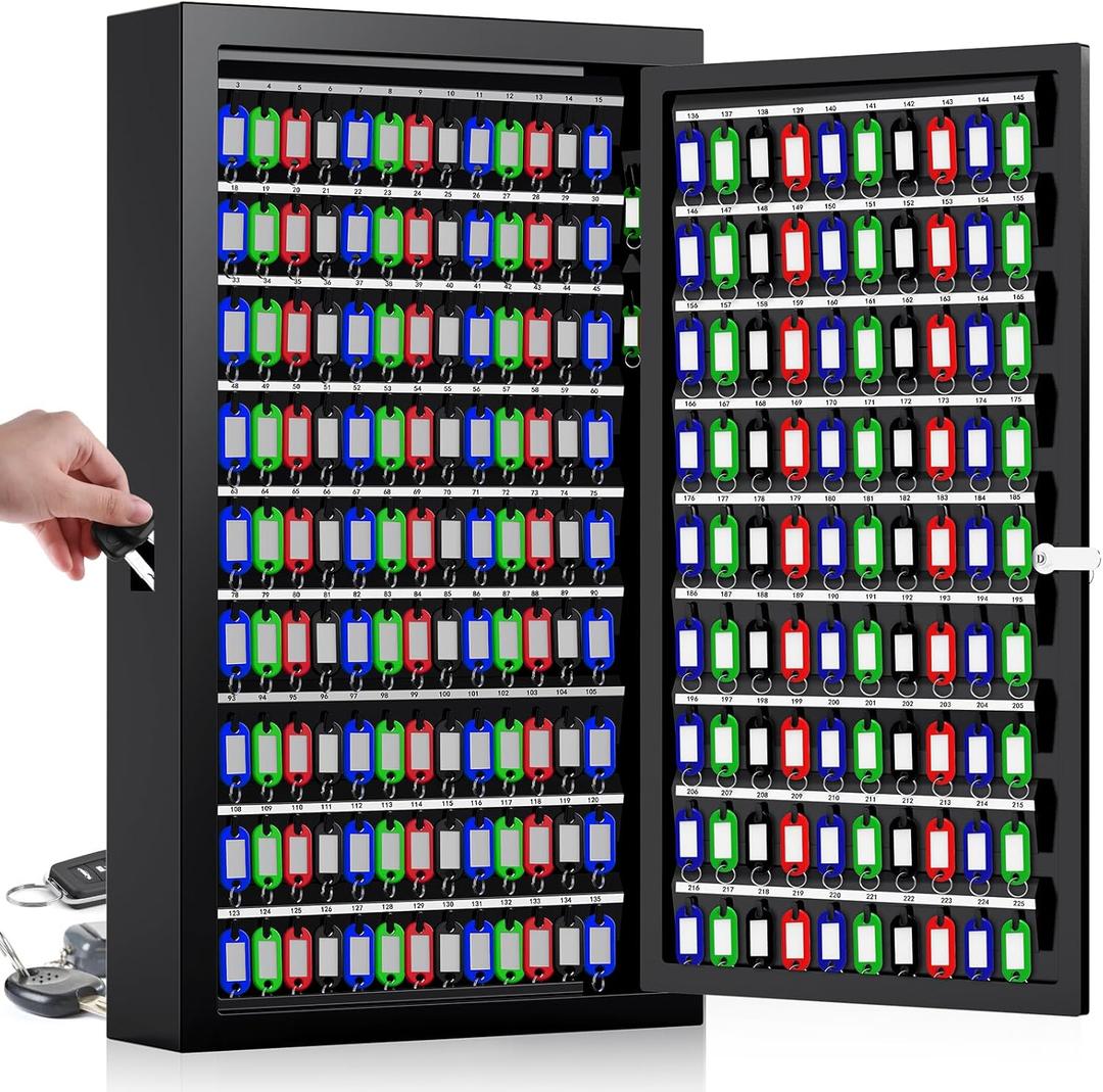 225 Keys Key Lock Box Wall Mount with Additional 16 Side Hooks and Key Tags, Anti-Theft Key Box Key Cabinet with Side Opening, Key Organizer Key Safe for Home Office Garage Rental Business (Black)