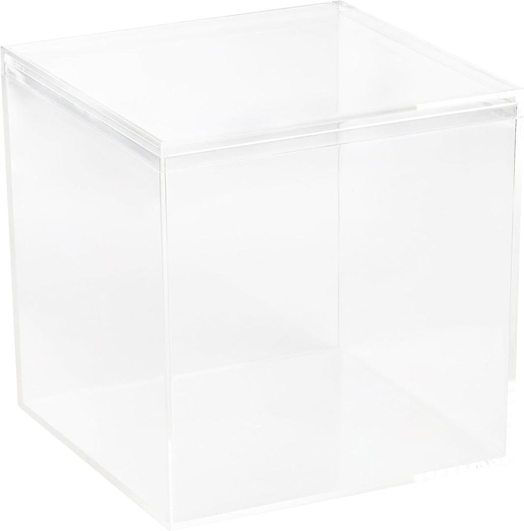 Hammont Clear Acrylic Box - Square Cube Home Storage Boxes - Bathroom Organizers | Kitchen | Office Containers - Display Box with Lid - Party Favor Gift Boxes | Measures 5.88"x5.88"x5.88" | 1 Pack