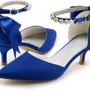 Coutgo Womens Pearl Ankle Strap Pumps Low Kitten Heel D'Orsay Satin Back Tieknot Heels Pointed Toe Wedding Party Dress Shoes (Blue) Size 7
