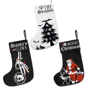 Vansolinne Black Gothic Christmas Stocking 17 Inches Xmas Stockings 3PCS Fireplace Hanging Flannel Large Plush Socks Goth Christmas Decor Holiday Hanging Ornament Gift Bag Xmas Santa Decor