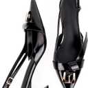 Women Heels Slingback Pointed Closed Toe Kitten Heel Sandals Slip On Stiletto 2.6 Inch Pumps Metal Buckle Patent Leather Evening Prom Party Dress Shoes (Cool Black)