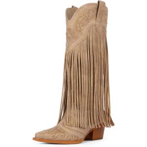 Modatope Fringe Cowboy Boots for Women Knee High Cowgirl Boots | Embroidered & Fringe Detail, Pointed Toe Mid Block Heel, All-Day Comfort, Fits Festivals, Parties, Weddings & All Occasions (Brown) 8