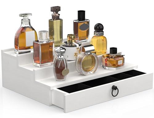 upcessory Cologne Organizer for Men 3 Tier Wood Perfume Organizer Cologne Stand with Drawer and Hidden Compartment Perfume Display Holder (White)
