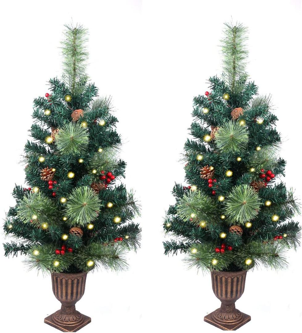 2 Pack Christmas Tree,3FT Artificial Christmas Entrance Tree with Ornaments and Lights Battery Oprated, Mini Xmas Trees for Front Door, Pathway, Tabletop, Entryway, Entrance Christmas Decorations