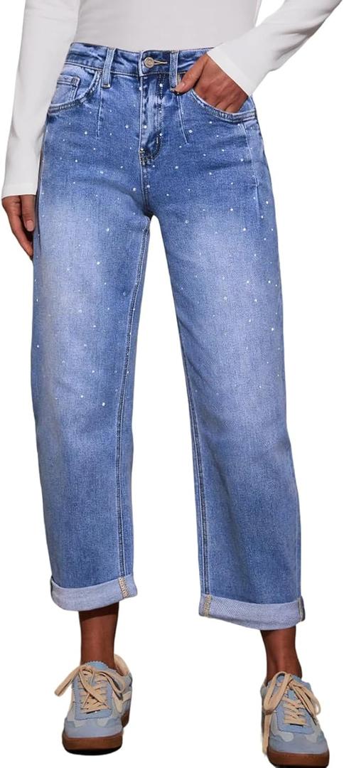 Astylish Jeans for Women Straight Leg High Waisted Stretchy Bootcut Leg Jean Trendy 2025 Relaxed Fit Denim Pants (18, Beau Blue Rhinestone)