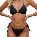 Women's Two Piece Thong Bikini Sets Sexy Halter Triangle Swimsuit Brazilian String Bathing Suits (Medium, Black)