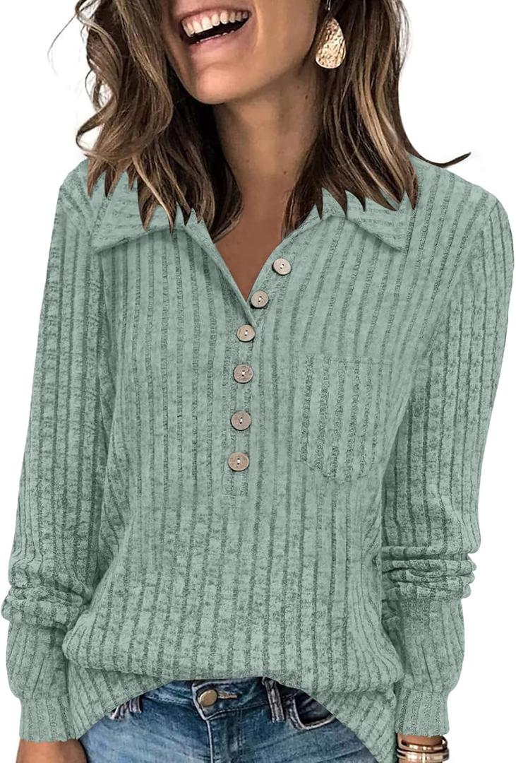 DB MOON Womens Long Sleeve Collared Shirt Lightweight Striped Sweaters 2026 Fall Blouses Business Casual Tops (Green, M)