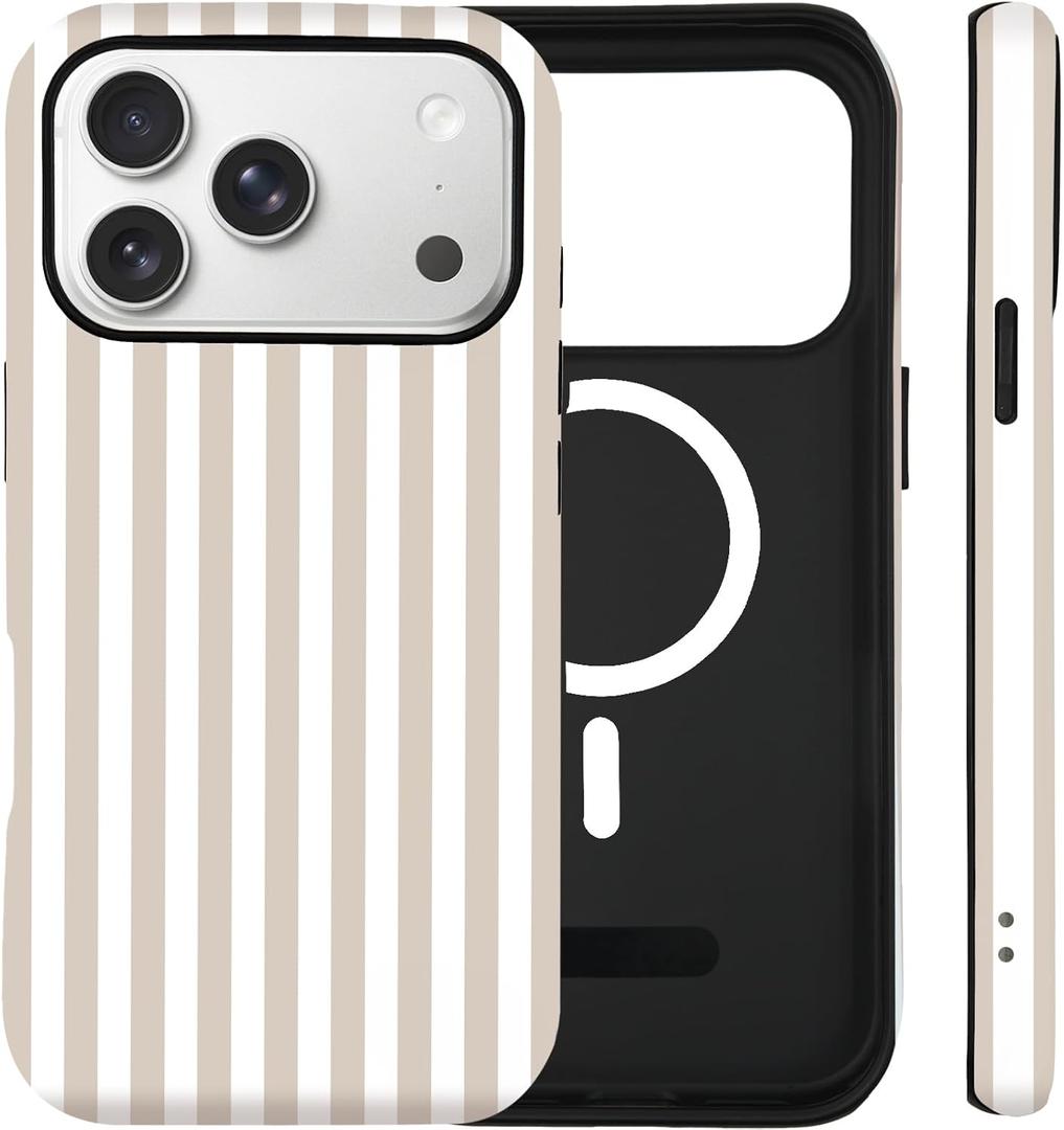 for iPhone 17 Pro Max Case Cute Striped Phone Case Compatible with MagSafe, Dual-Layer Shock Protection(Hard PC + Silicone) - Aesthetic Protective Phone Cover for Women Girl, Apricot