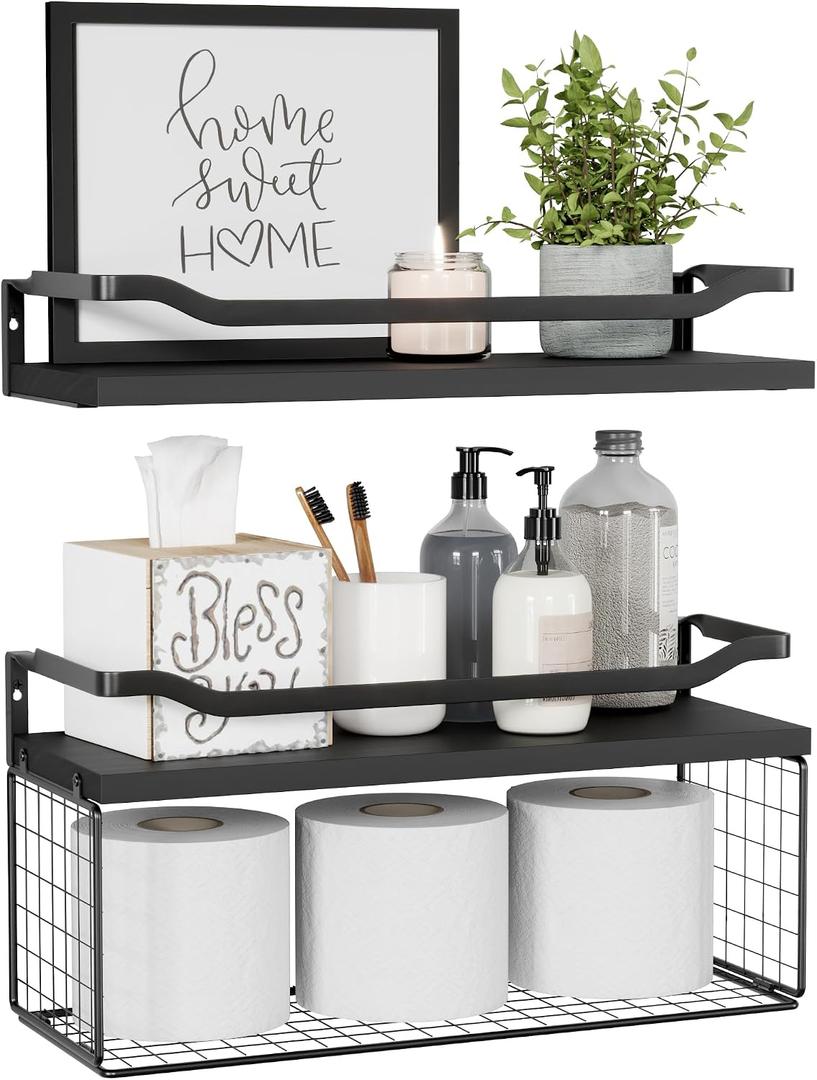 WOPITUES Floating Shelves with Wire Storage Basket, Bathroom Shelves Over Toilet with Protective Metal Guardrail, Wood Wall Shelves for Bathroom, Bedroom, Living Room, Toilet Paper-Black, 15.7 inch