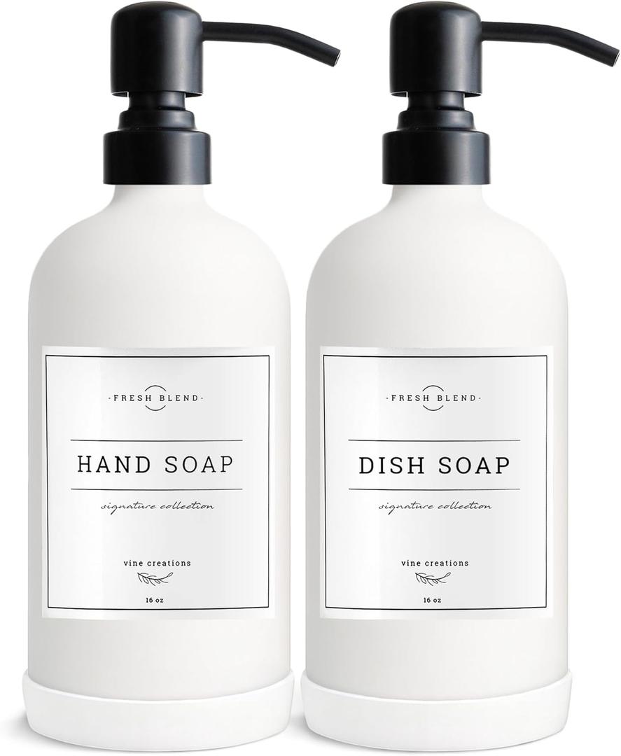 Vine Creations White Glass Soap Dispenser, 2 Pack Kitchen Soap Dispenser Set with Stainless Steel Pump, 16 oz Dish Soap and Hand Soap Dispensers for Bathroom with Waterproof Labels (Matte White Bottle / Matte Black Pump)
