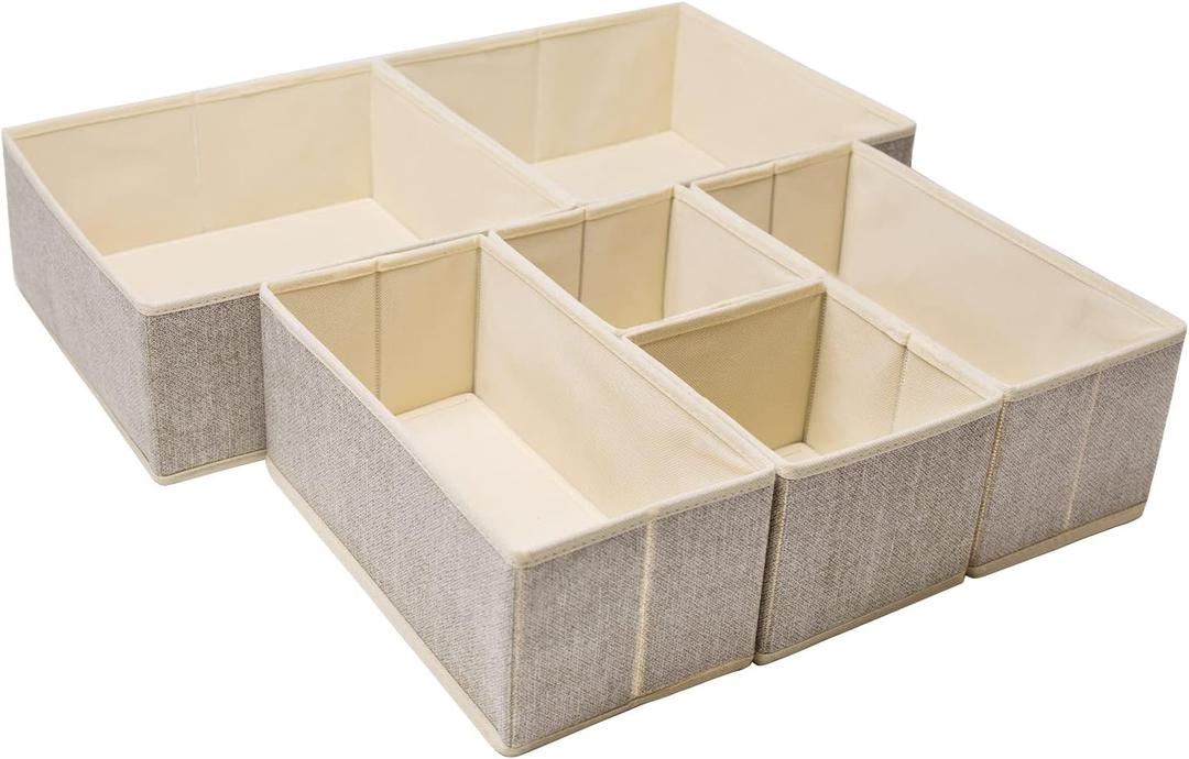 Criusia Underwear Drawer Organizer, 6 Set Foldable Underwear Drawer Organizer and Closet Dividers,Storage Box for Clothes, Socks, Underwear (6 Bins, Beige)