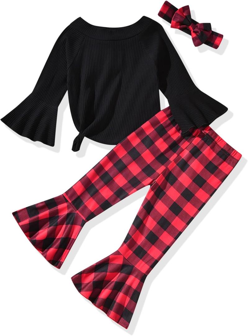 HIHA Toddler Little Girls Long Flare Sleeve Tops Bell Bottom Pants Outfit with Headband (2-3T, Christmas Plaid)