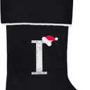 20 Inches Initial Monogram Black Christmas Stocking, Personalized Large Embroidered Letter Velvet Christmas Stocking with Gold Trim Decoration for Family Christmas Holiday Party Decor(Letter I)