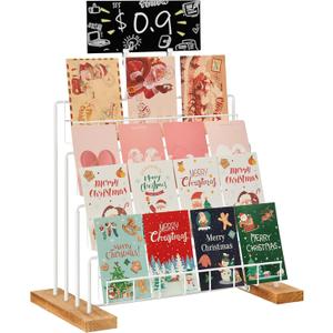 Greeting Card Display Stand, 4-Tier Greeting Card Organizer for Cards, Postcard, Photos, Brochure, Sticker, Trading Cards, Metal & Wooden Retail Display Rack for Vendors Counter Retail (White)
