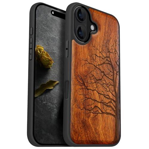 Carveit Magnetic Wooden Case for iPhone 16 Case, Wood Artisan Engraved & Black Soft TPU Shockproof Cover, Compatible with MagSafe Wireless Chargers (Eternal Tree) Rosy