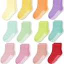 CozyWay Baby & Toddler Socks With Grippers Non Slip Crew Grip Socks for Kids Girls and Boys Soft Comfy Cotton Pink & White - 5-7 Years - 12 Pack