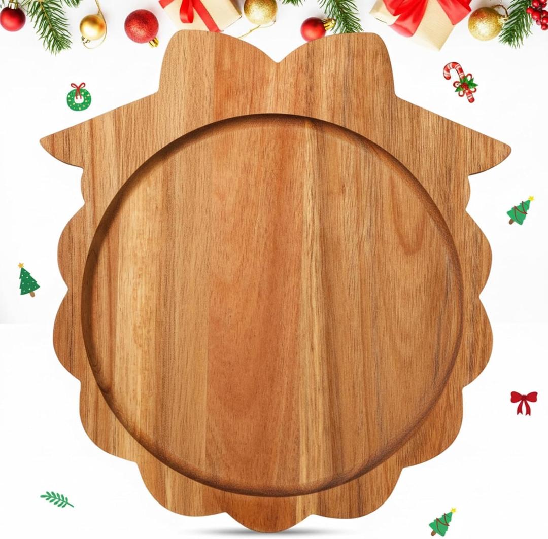Bokon 12" Wreath Christmas Charcuterie Board Wooden Cutting Board Xmas Serving Platter Tray Cookie Plate for Cheese Bread Dessert Fruit, Gift for Christmas Party Holiday Decoration(Acacia Wood)
