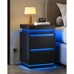 WLIVE Black Nightstand with Charging Station and LED Lights, Bedside Table with 2 Wooden Drawers and Sliding Top, Modern End Table Side Table for Bedroom, Living Room, Office