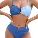 Blooming Jelly Womens Bikini Sets High Waisted Two Piece Swimsuit U Ring Color Block Textured Bathing Suit 2025 Sexy High Cut Swim Suit (Blue Color Block,Small)